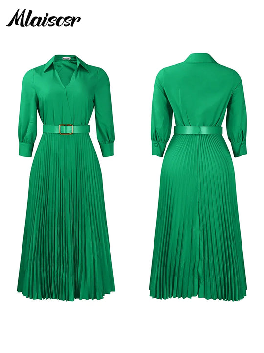 Purple Fashion Belt V-Neck Long Sleeve A-Line Pleated Dress Women Elegant Slim Evening Party Club Vestidos African Robe