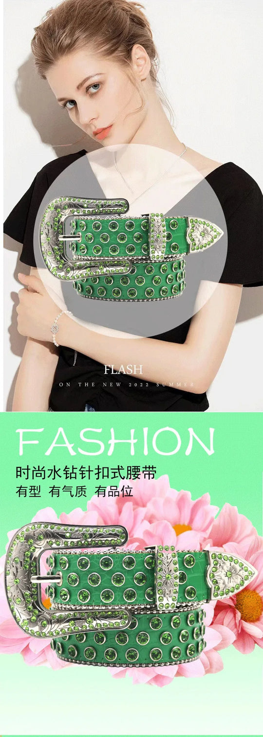 men & women fashion hip hop rock diamond studded belts soft leather rhinestone belt women designer waistband green pin buckle strapon