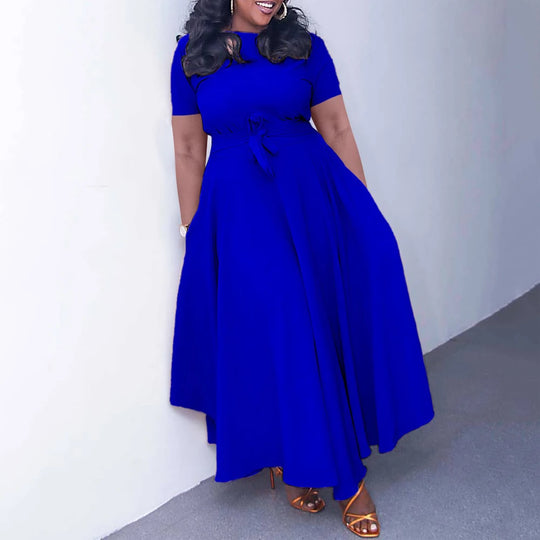 Elegant Women Dresses for Summer New Short Sleeve O Neck Sashes Pleated Ankle Length Luxury African Party Birthday Dress