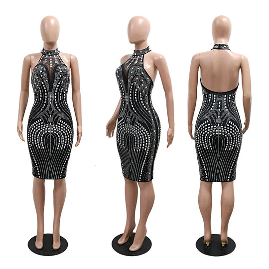 Backless Dress Sexy Wrap Buttocks Vestidos Women Party Dresses Sheath Slim Fit Spliced Summer Diamonds Knee Length