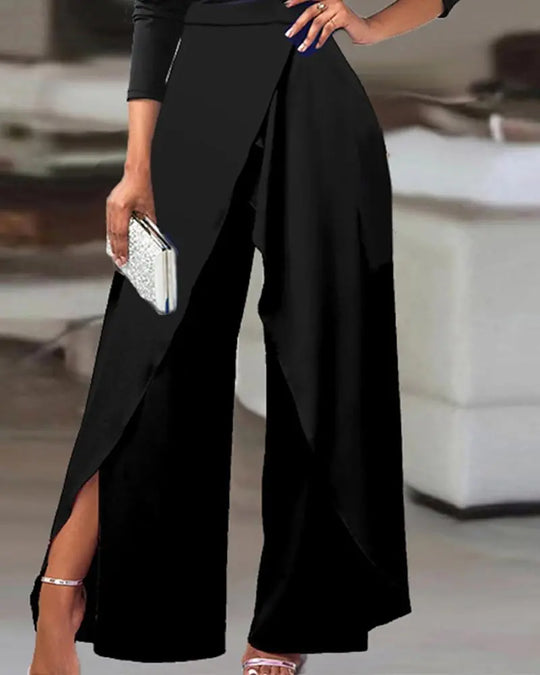 Jumpsuits for Women Plain Elegant Office Lady Loose Ruched One Shoulder Split Hem Wide Leg Jumpsuit