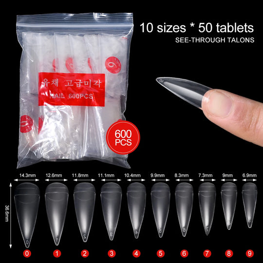 600Pcs Curved Eagle Hook Shape Fake Nail Tips 10 Size Half Cover Acrylic False Nails Clear Natural Long Sharp Stiletto Nail Tips