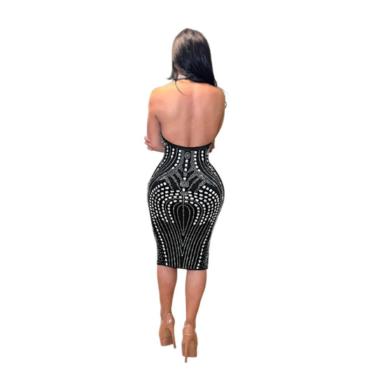 Backless Dress Sexy Wrap Buttocks Vestidos Women Party Dresses Sheath Slim Fit Spliced Summer Diamonds Knee Length