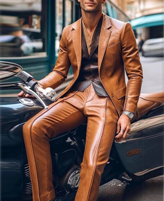 Casual Men's Blazer and Pants 2 Piece Set Lapel Long Sleeve PU Leather Jacket Men Business Casual Prom Suit Motorcycle Style