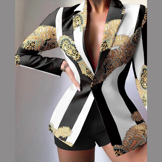 Fashion Turn-down Collar Printed Top Pants Set Women Elegant Full Sleeve Top Short Pants Suit Lady Summer Chic Casual Sets