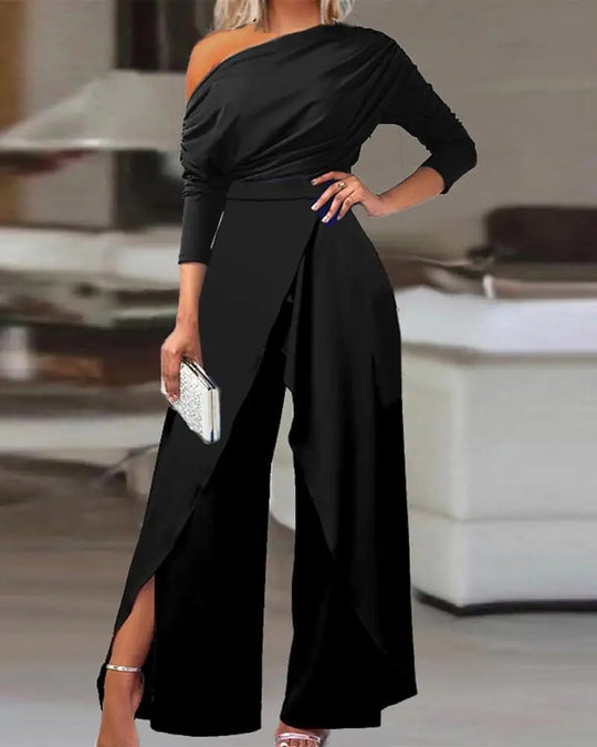 Jumpsuits for Women Plain Elegant Office Lady Loose Ruched One Shoulder Split Hem Wide Leg Jumpsuit
