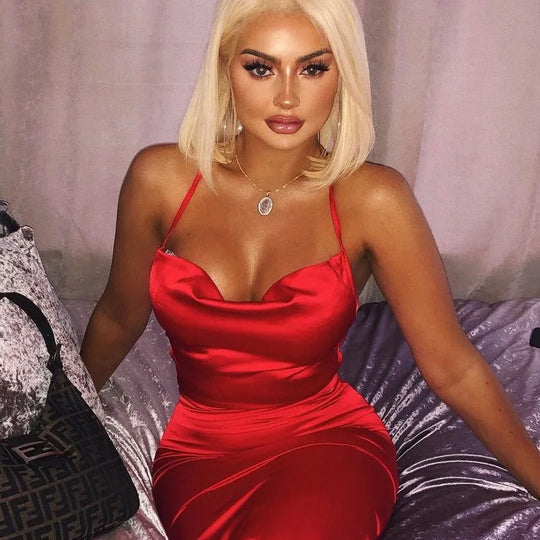 Neon Satin Lace Up Women's Long Midi Dress Light Pink Bodycon Backless Elegant Party Sexy Club Clothes Summer Dinner Outfit