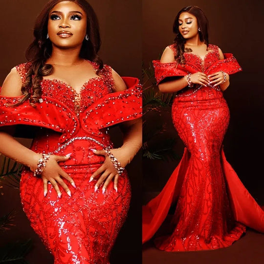 Curvy Size Prom Dress With Detachable Train Red Mermaid Evening Dresses For Women Sheer Neck Beaded Lace Formal Dress