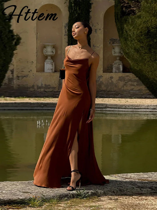 Elegant Split Women' s Dresses Solid Square Collar Backless Sleeveless Long Dress Female 2025 Summer Party Evening Robes