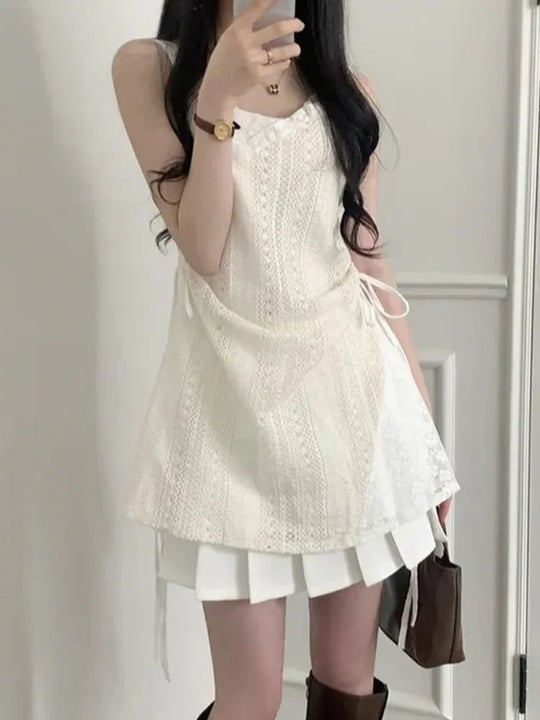 Summer Elegant New One Piece Dress Women Chic French Lace Sling Shirt