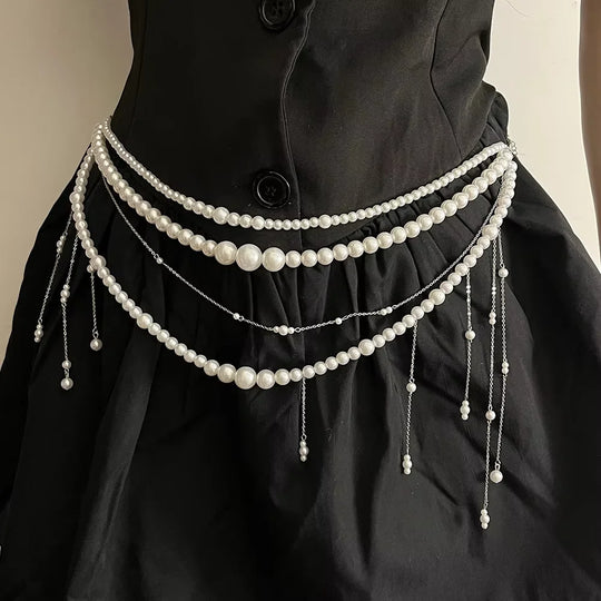 Designer Red belt Jewelry Multilayer Pearl waist chain for Women's Fashion Retro Character Playing Body Accessories Party Belts