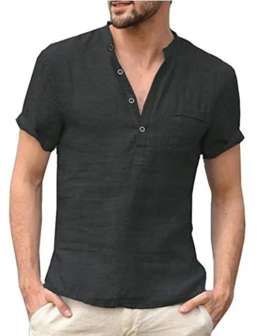 High Quality New Men'S Linen V Neck Bandage T Shirts Male Solid Color