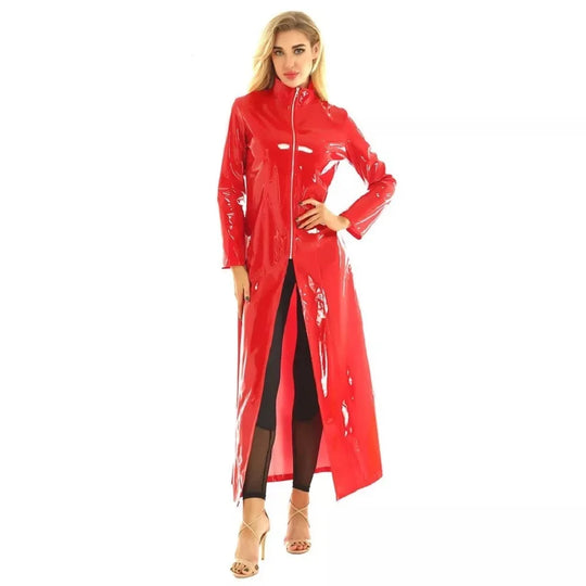 Wet Look PVC High Split Long Dress Shiny PU Leather Windbreaker Outwear Vestido Tights Performance Dresses Robe Faldas Jackets