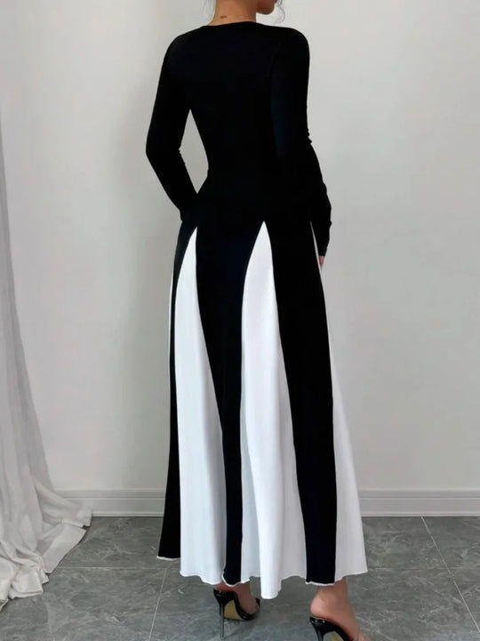 Spring & Autumn Women's Long Sleeve Round Neck A Line Contrast Color Dress, Stylish Black & White Patchwork Long Dress