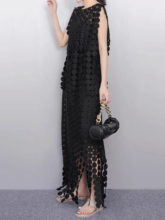 Khaki Hollow Out Tassels T-shirt Half-body Skirt Two Pieces Suit New Round Neck Women Fashion Spring Summer