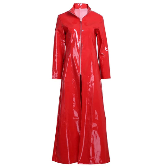 Wet Look PVC High Split Long Dress Shiny PU Leather Windbreaker Outwear Vestido Tights Performance Dresses Robe Faldas Jackets