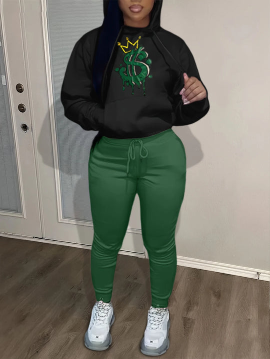 LW Plus Size Crown Letter Print Kangaroo Pocket Tracksuit Set Women Hooded Collar Sweatsuit Fall Long Sleeve Two Pieces Outfit