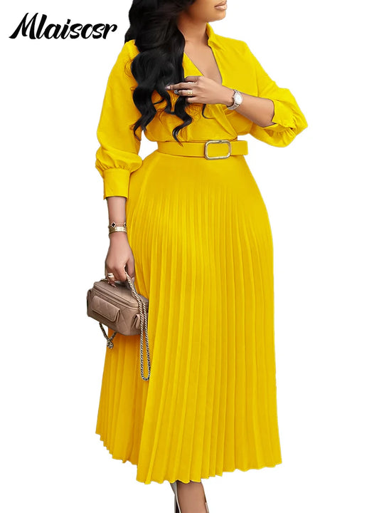 Purple Fashion Belt V-Neck Long Sleeve A-Line Pleated Dress Women Elegant Slim Evening Party Club Vestidos African Robe