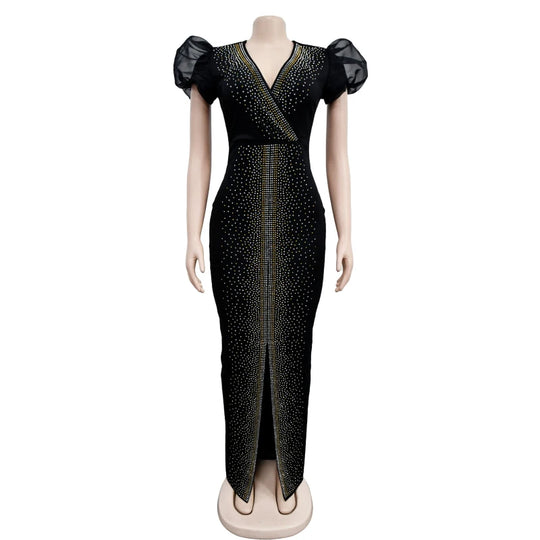 Summer Fashion Bubble Sleeve Diamond Evening Dress African Fashion Women High Street V-neck Slim Split Wedding Party Dress Women
