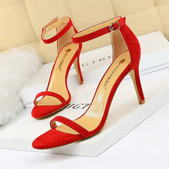 Women 8-11cm High Heels Flock Stripper Sandals Female Fetish Strappy Red Shoes Lady Valentine Green Summer Classic Sexy Pumps 5