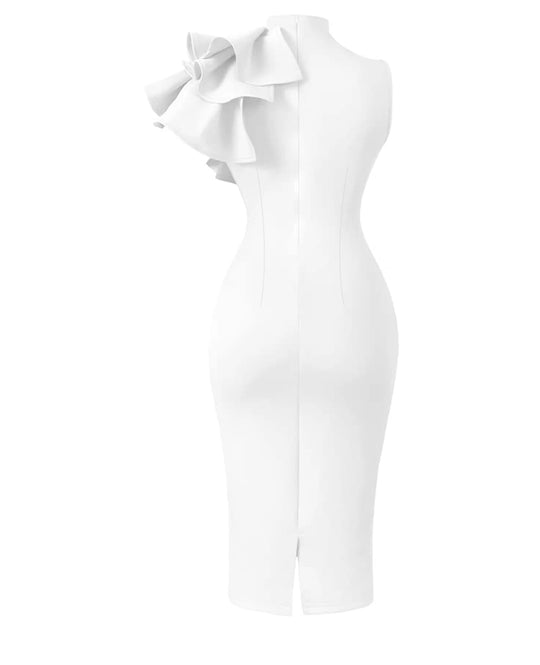 Solid Layered Ruffle Sleeve Trim Dresses Elegant Mock Neck Bodycon Sleeveless Wedding Guest Dress