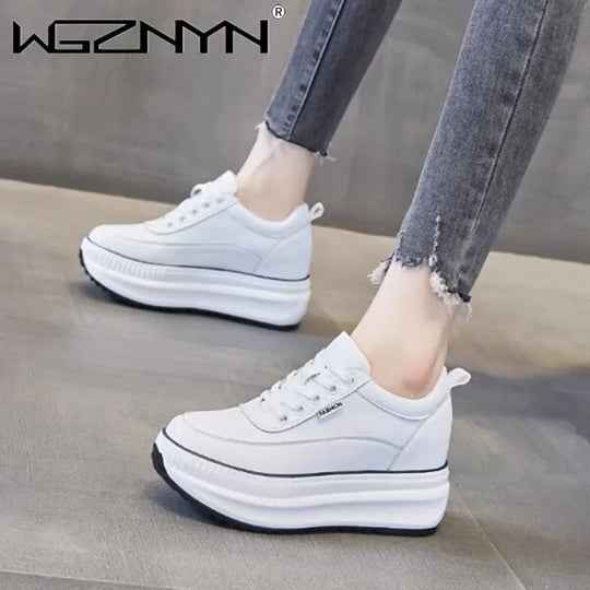 2024 Designer Platform Wedge Female Women 8CM Heels Sneakers Chunky Spring Autumn Shoes Women Genuine Leather Casual Black Shoes
