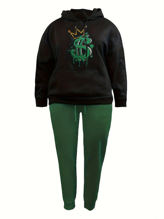 LW Plus Size Crown Letter Print Kangaroo Pocket Tracksuit Set Women Hooded Collar Sweatsuit Fall Long Sleeve Two Pieces Outfit