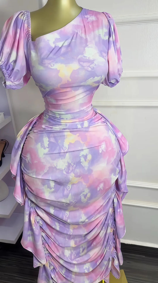 Women Tie Dye Printed Skew Neck Ruched Stacked Bodycon Midi Maxi Long Dress Vacation Holiday Sexy Vestidos Dresses