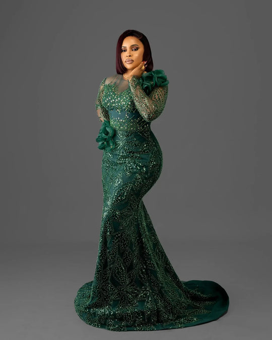 Curvy Size Dark Green Glitter Mermaid Prom Dress Lace