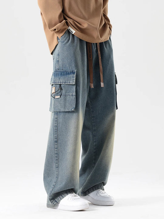 2024 Autumn New Men's Cargo Jeans Big Size 8XL 7XL 6XL String Banding