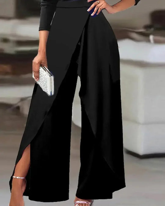 Jumpsuits for Women Plain Elegant Office Lady Loose Ruched One Shoulder Split Hem Wide Leg Jumpsuit