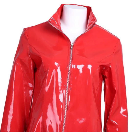 Wet Look PVC High Split Long Dress Shiny PU Leather Windbreaker Outwear Vestido Tights Performance Dresses Robe Faldas Jackets