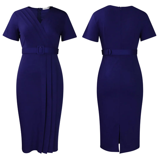Elegant Office Dresses for Women V Neck Short Sleeve Belt Waisted Pleated Mid Calf Formal Business Work Wear Dress Midi Clothes