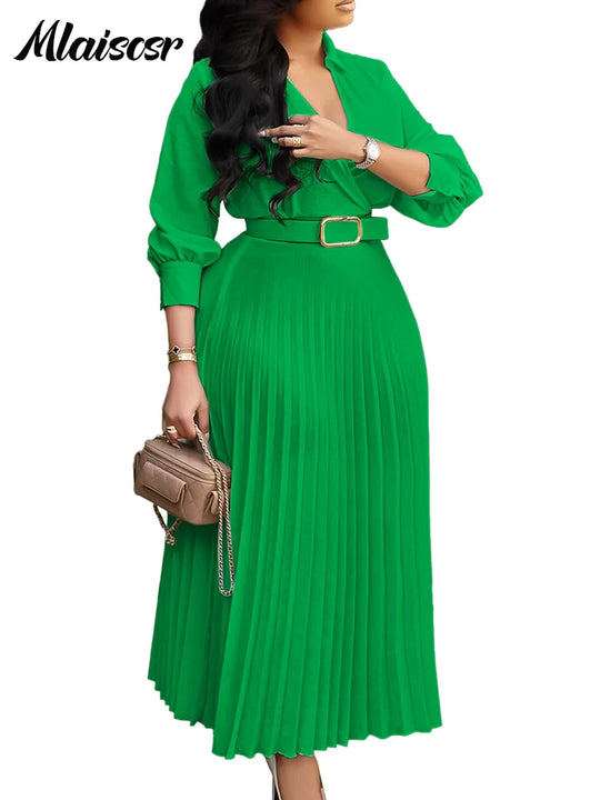 Purple Fashion Belt V-Neck Long Sleeve A-Line Pleated Dress Women Elegant Slim Evening Party Club Vestidos African Robe