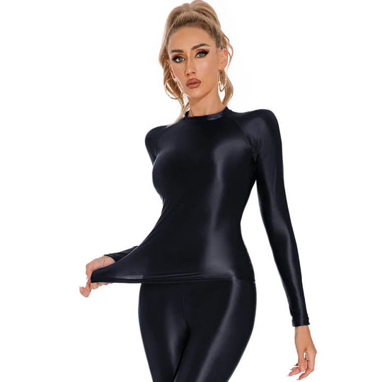 Glossy Shiny Elasitc Long Sleeve Shirt Women Fitness Gym Athletic Yoga Tshirt Tights Hot Sexy Tees Casual Crop Tops Bustier Top