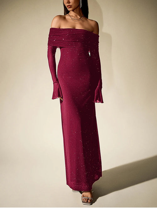 NewAsia Women's Bell Sleeve Off Shoulder Sequin Long Dress Backless