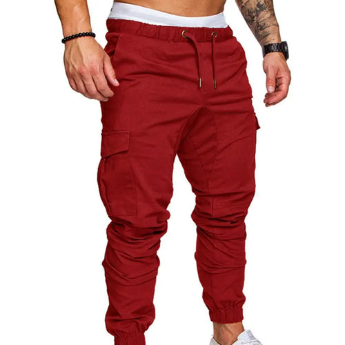 Men Skinny Cargo Pants Solid Color Pockets Drawstring Ankle Tied