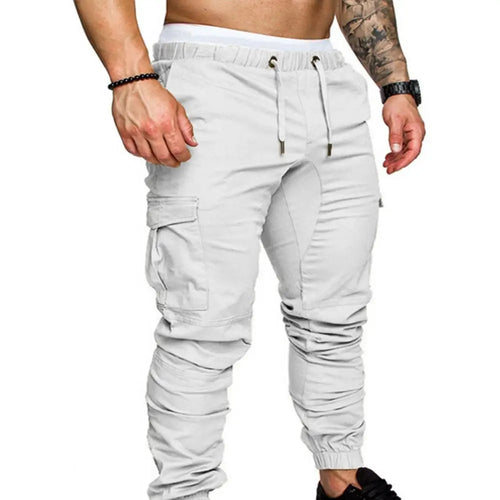 Men Skinny Cargo Pants Solid Color Pockets Drawstring Ankle Tied