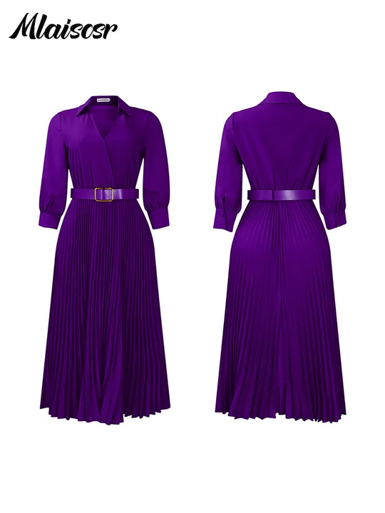 Purple Fashion Belt V-Neck Long Sleeve A-Line Pleated Dress Women Elegant Slim Evening Party Club Vestidos African Robe