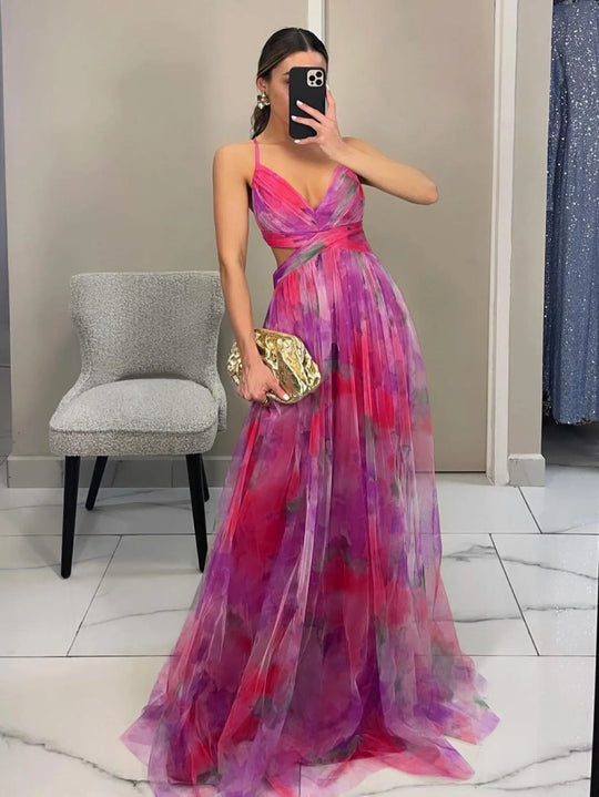 Spring/Summer New Mesh Printed Sling Dress Vacation Casual Gathering Dress