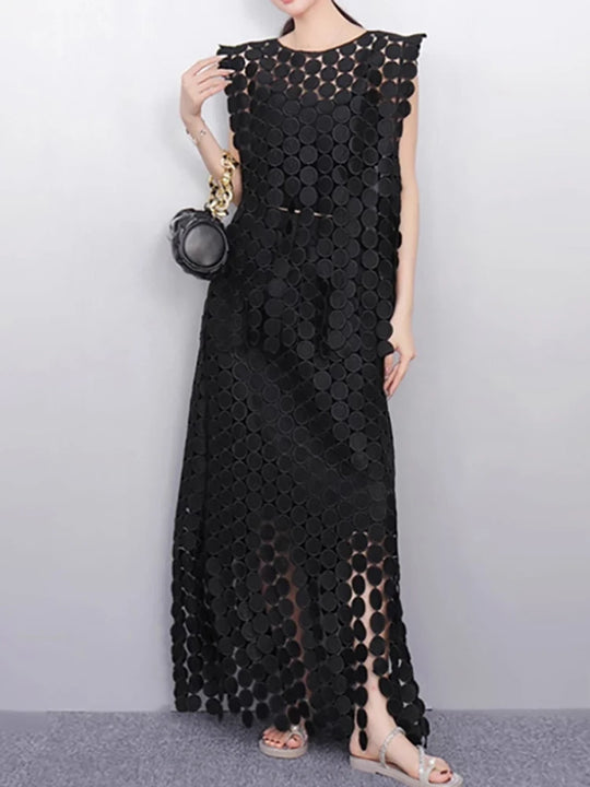 Khaki Hollow Out Tassels T-shirt Half-body Skirt Two Pieces Suit New Round Neck Women Fashion Spring Summer