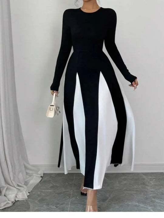 Spring & Autumn Women's Long Sleeve Round Neck A Line Contrast Color Dress, Stylish Black & White Patchwork Long Dress