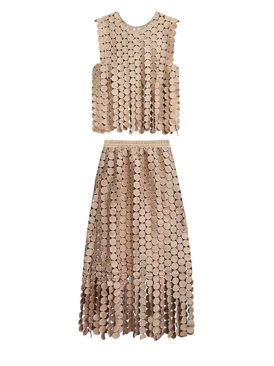 Khaki Hollow Out Tassels T-shirt Half-body Skirt Two Pieces Suit New Round Neck Women Fashion Spring Summer