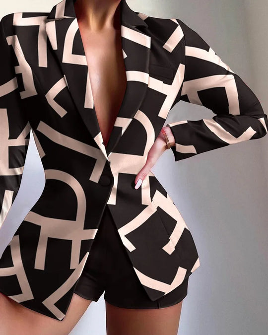 Women's Fashion Print Design Suit Jacket & Shorts Set Temperament Commuting Summer New 2024 Women Casual Blazer Outfits