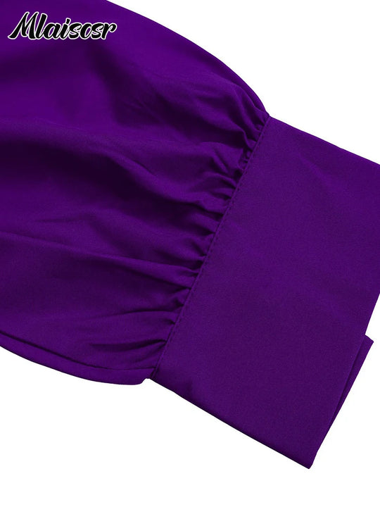 Purple Fashion Belt V-Neck Long Sleeve A-Line Pleated Dress Women Elegant Slim Evening Party Club Vestidos African Robe