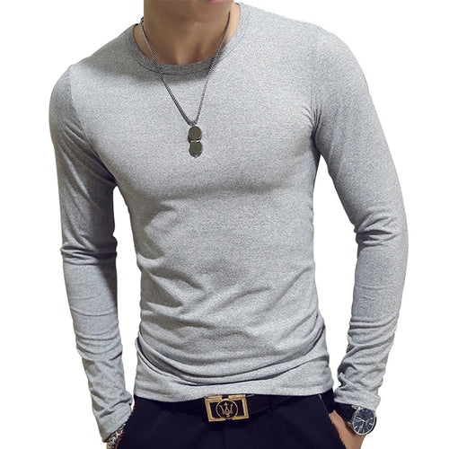White Solid Color Basic Slim Men T-shirt Spring Autumn Bottoming Shirt