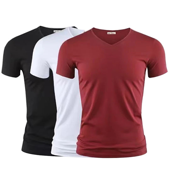 2025 Men's T Shirt Pure Color V Collar Short Sleeved Tops Tees Men