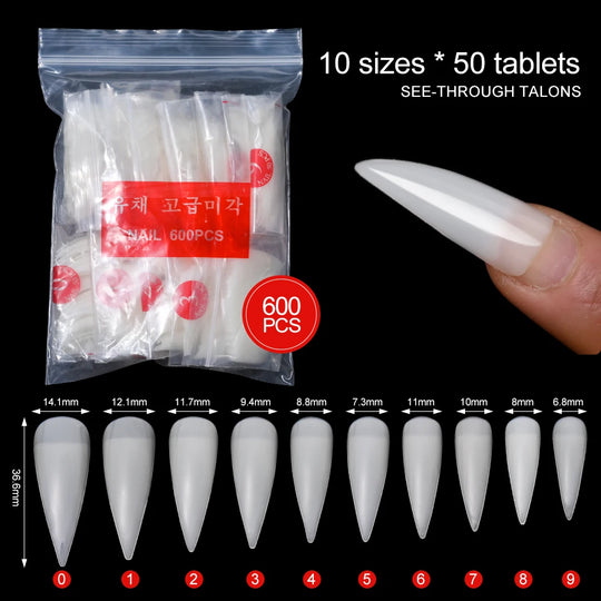 600Pcs Curved Eagle Hook Shape Fake Nail Tips 10 Size Half Cover Acrylic False Nails Clear Natural Long Sharp Stiletto Nail Tips