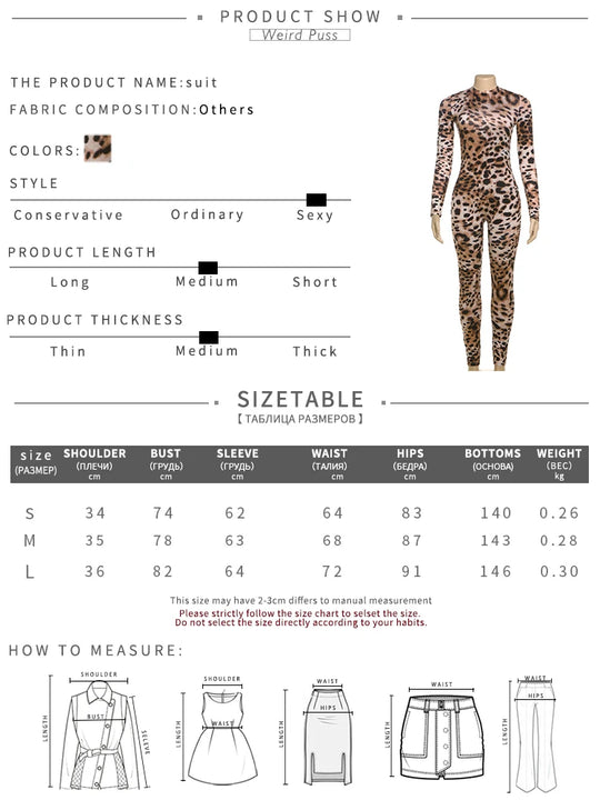Weird Puss Zip Fit Jumpsuit Women Spring Y2K Leopard Print Full Sleeve Hipster Midnight Stretch Streetwear Workout Overalls