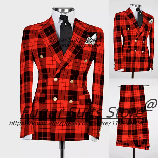 British Plaid Men Suits Slim Fit Double Breasted Groom Wedding Tuxedos 2 Pieces Sets Elegant Male Blazers Ropa Hombre